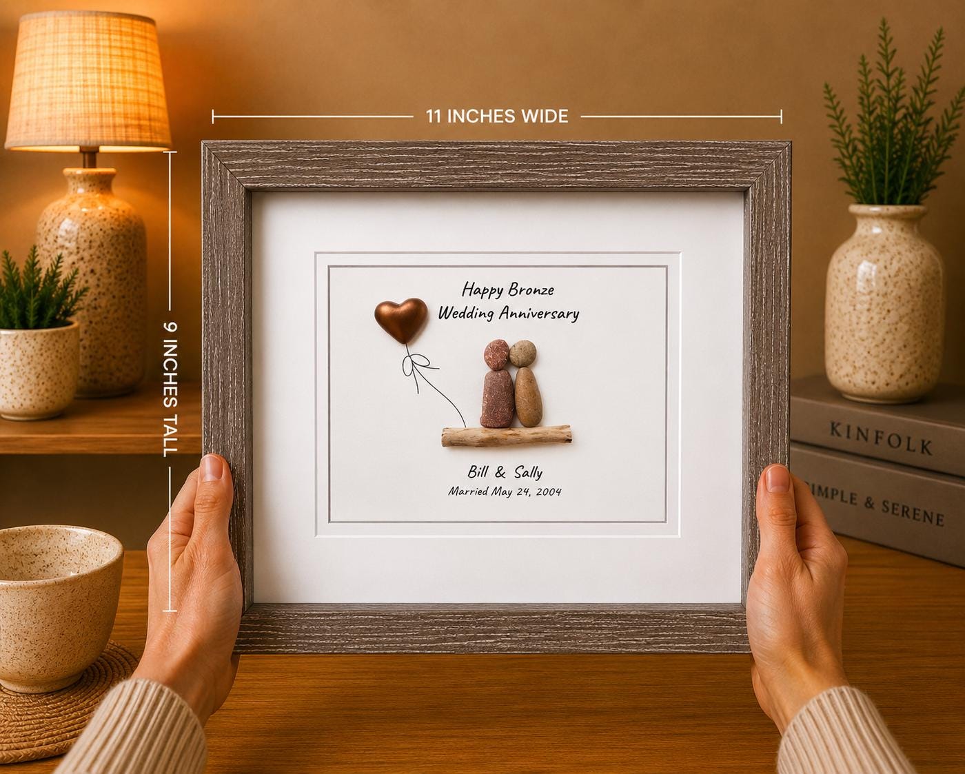 Personalized Pebble Art 8th Anniversary Gift | Bronze Heart
