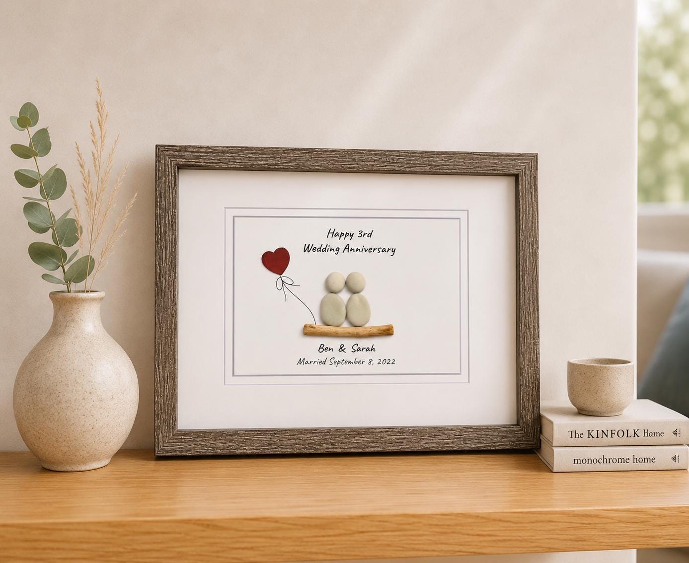 Personalized Pebble Art 3rd Anniversary Gift, Leather Heart Detail