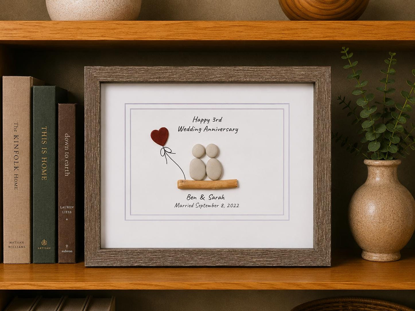 Personalized Pebble Art 3rd Anniversary Gift, Leather Heart Detail