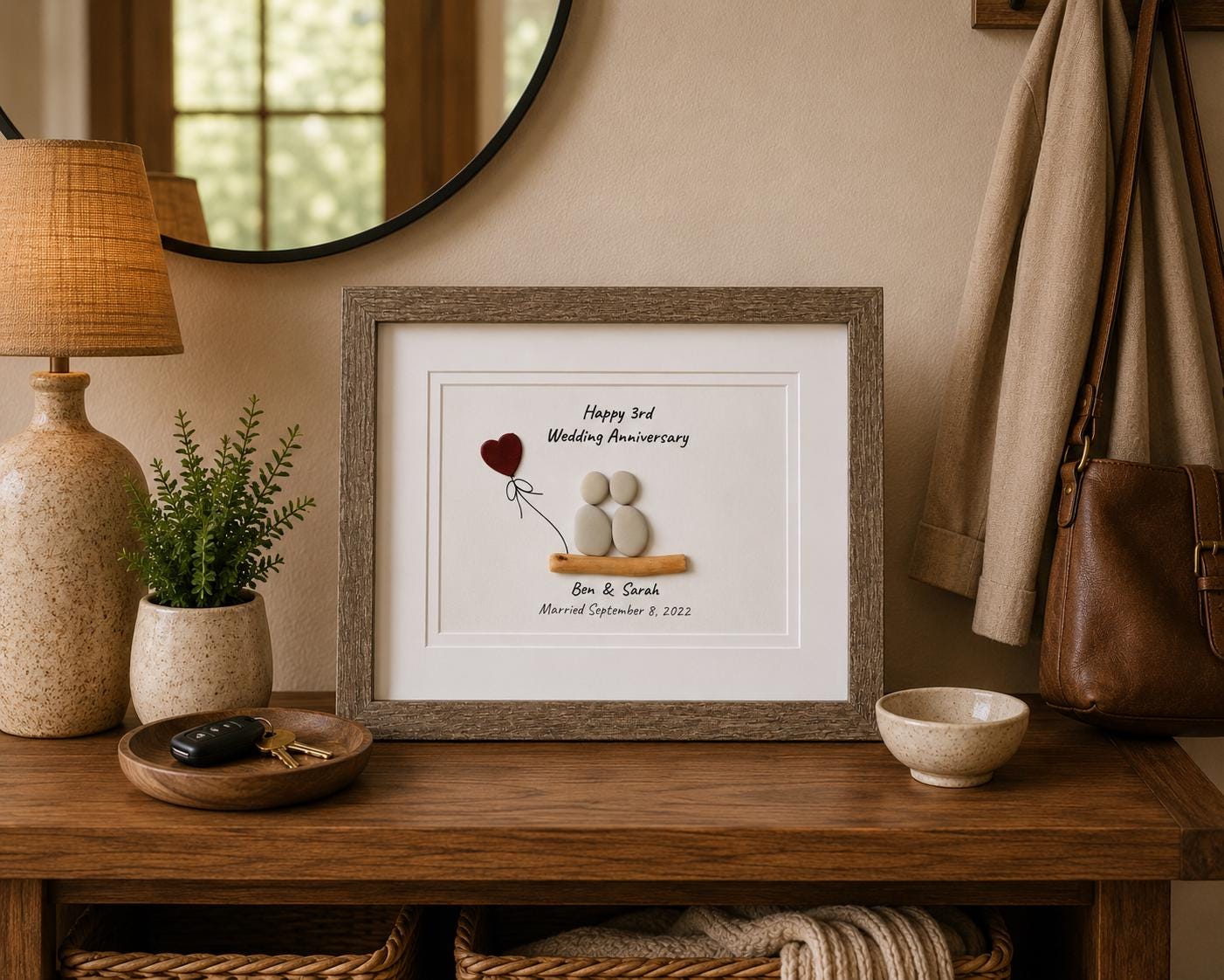 Personalized Pebble Art 3rd Anniversary Gift, Leather Heart Detail