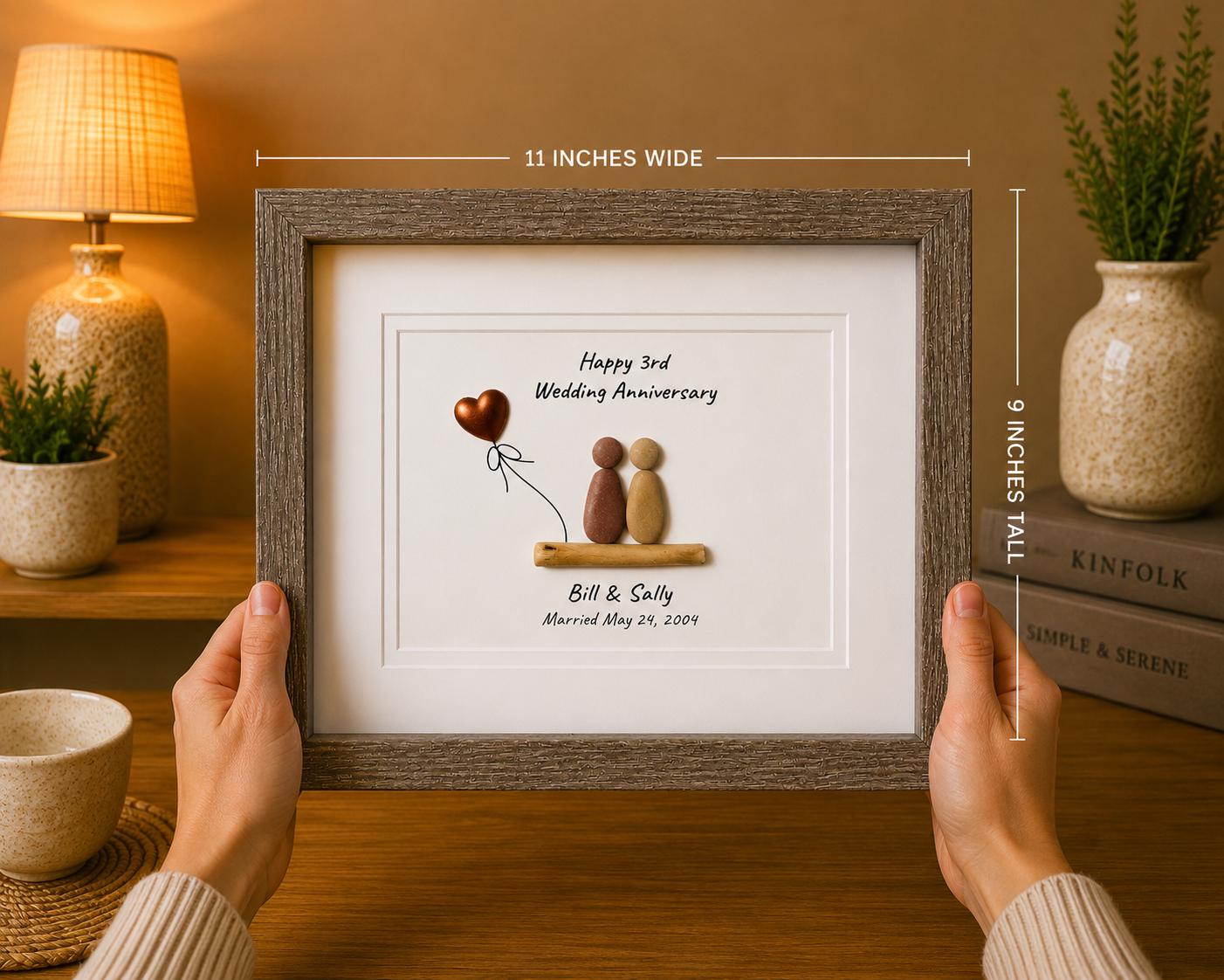 Personalized Pebble Art 3rd Anniversary Gift, Leather Heart Detail