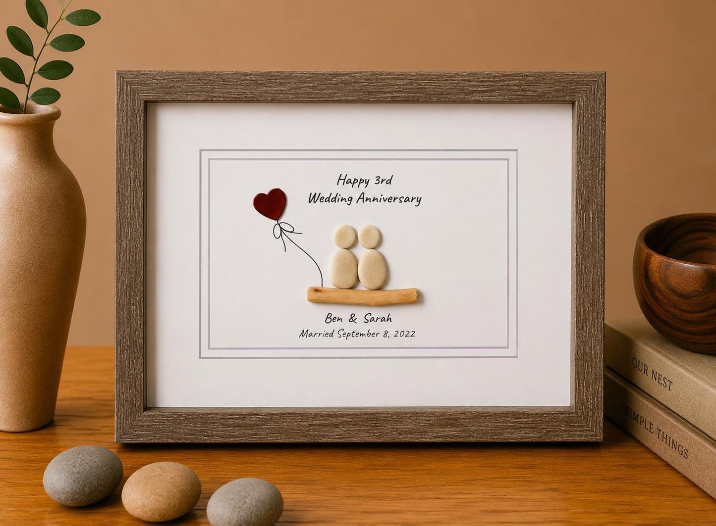 Personalized Pebble Art 3rd Anniversary Gift, Leather Heart Detail