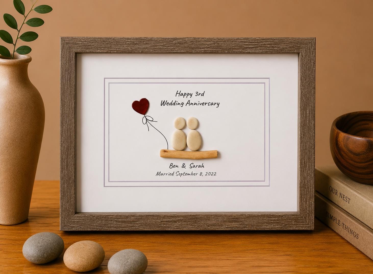 Personalized Pebble Art 3rd Anniversary Gift, Leather Heart Detail