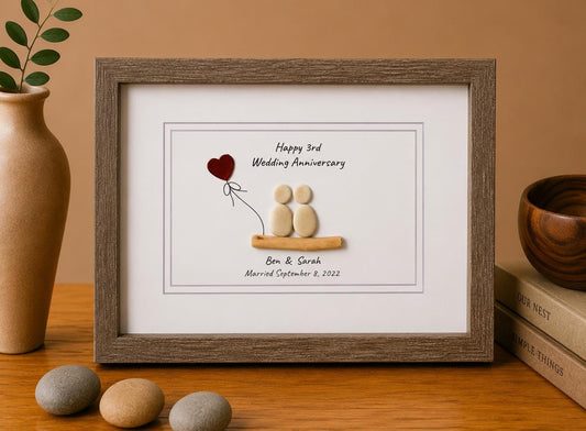 Personalized Pebble Art 3rd Anniversary Gift, Leather Heart Detail