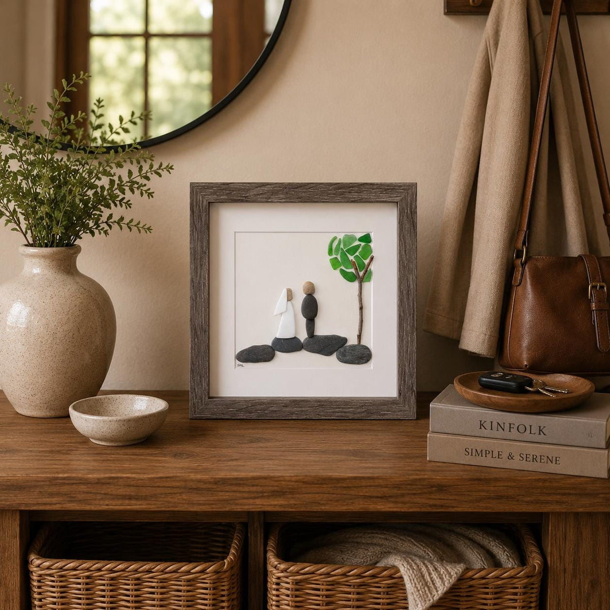 Unique Wedding Gift, 8x8 Handmade Pebble, Sea Glass and Pottery Collage, Great Personalized Gift for Newly Weds