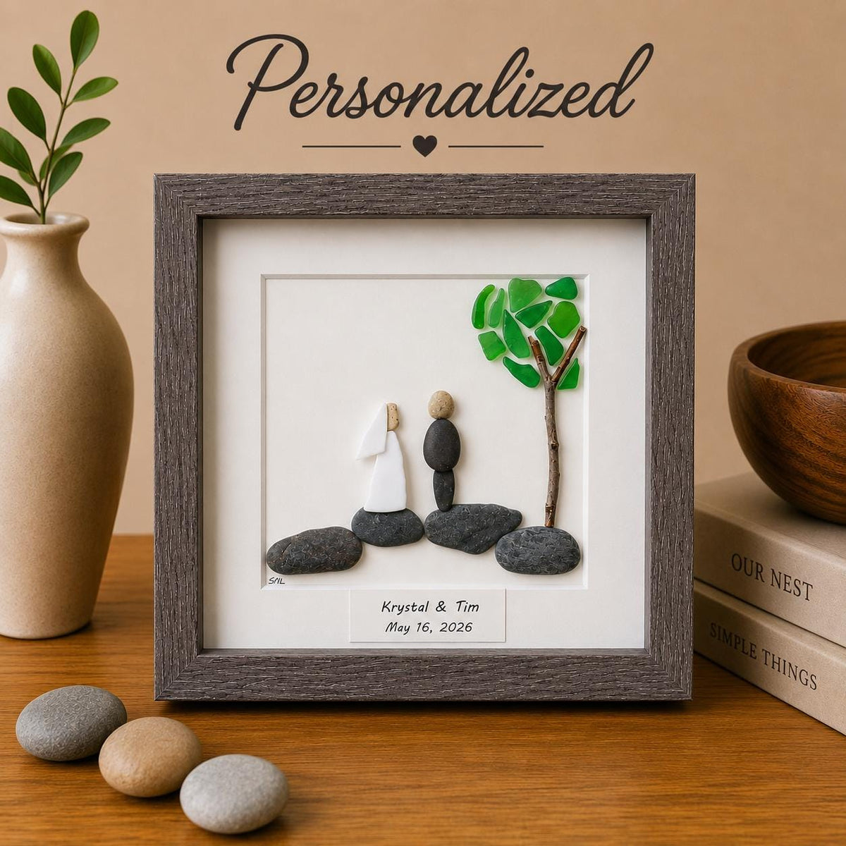 Unique Wedding Gift, 8x8 Handmade Pebble, Sea Glass and Pottery Collage, Great Personalized Gift for Newly Weds