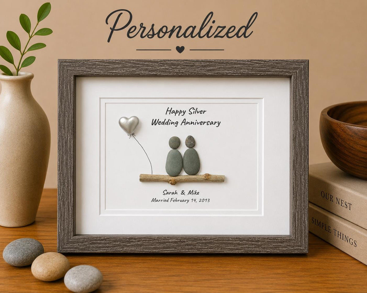 Silver Anniversary | 25th Wedding Anniversary | Unique 25th Anniversary | Gift for Wife, Husband, Parent, Couple, Friends | 8x10 Pebble Art