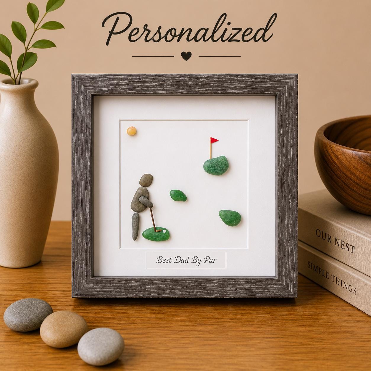 Golf Pebble and Sea Glass Art, 8x8” Framed Gift for Golfer