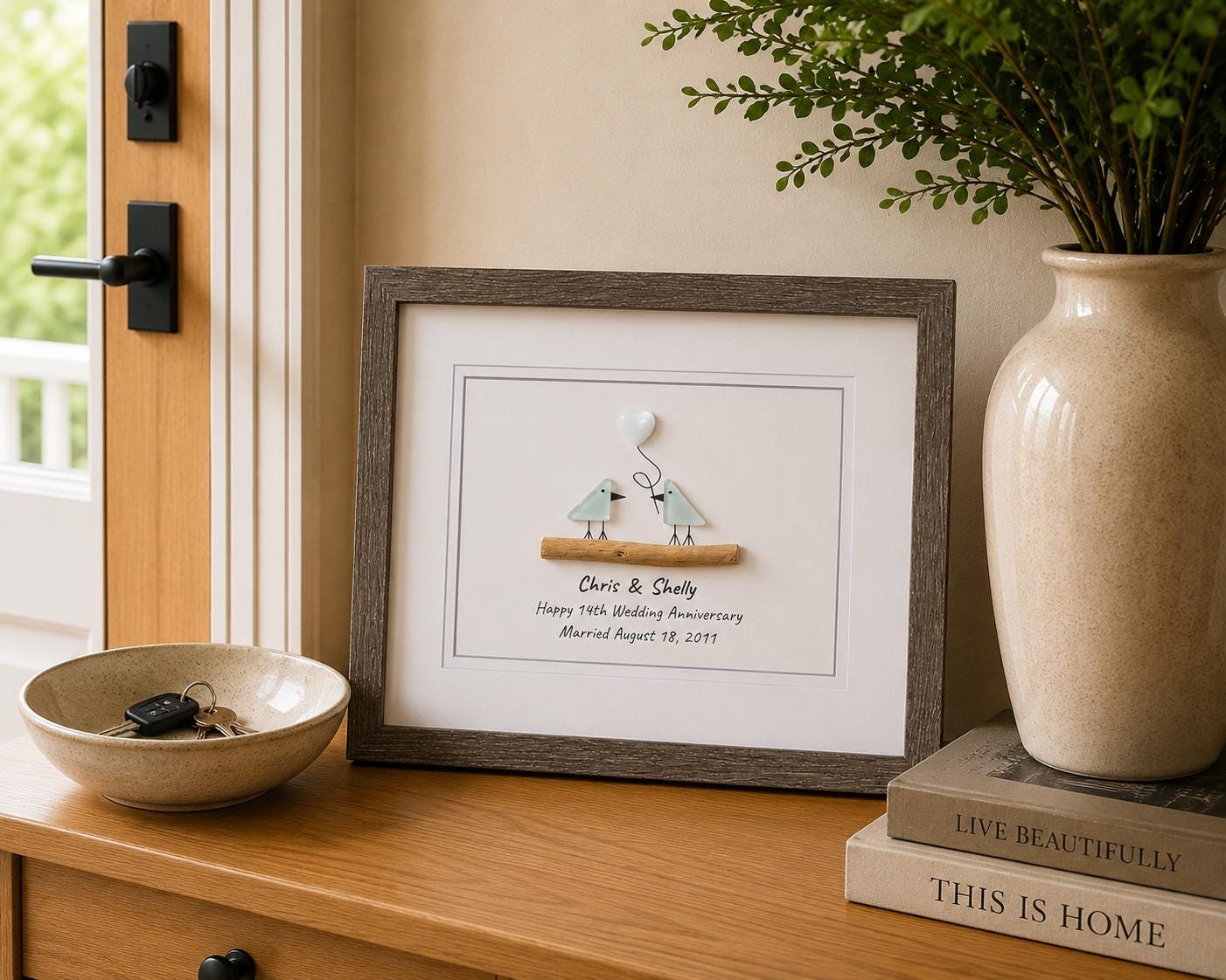 14th Wedding Anniversary Personalized Gift, 8x10” Framed Sea Glass Art, Opal / Ivory Anniversary Gift for Parents, Wife, Husband