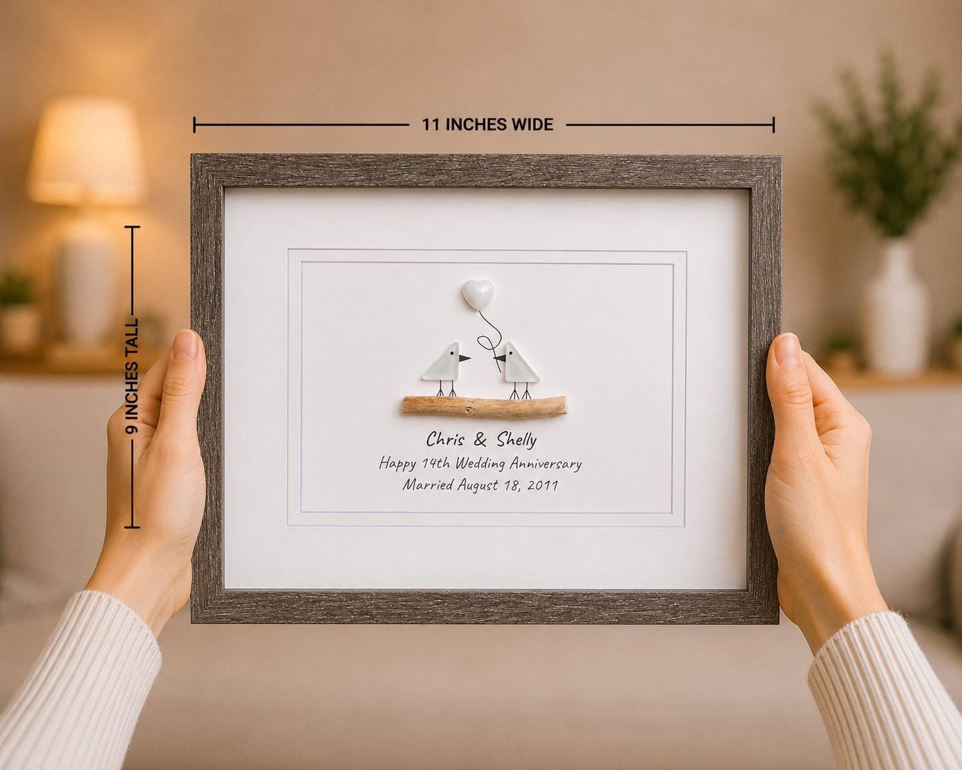 14th Wedding Anniversary Personalized Gift, 8x10” Framed Sea Glass Art, Opal / Ivory Anniversary Gift for Parents, Wife, Husband