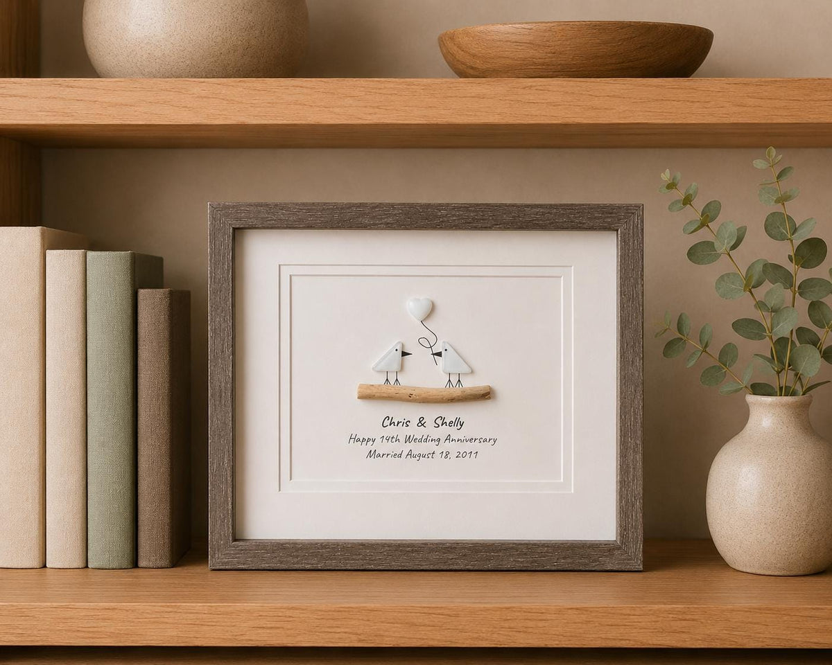 14th Wedding Anniversary Personalized Gift, 8x10” Framed Sea Glass Art, Opal / Ivory Anniversary Gift for Parents, Wife, Husband
