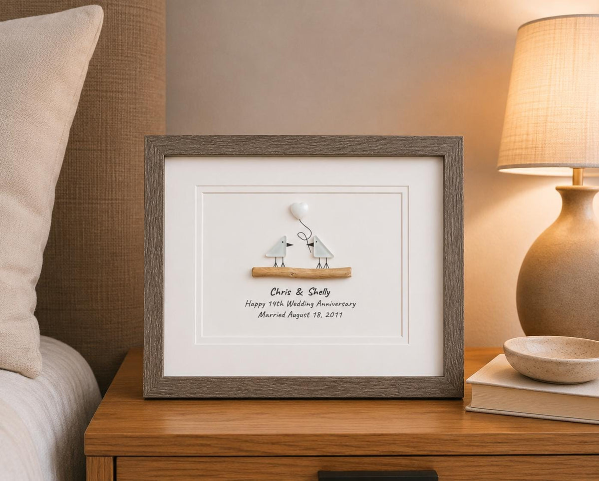 14th Wedding Anniversary Personalized Gift, 8x10” Framed Sea Glass Art, Opal / Ivory Anniversary Gift for Parents, Wife, Husband