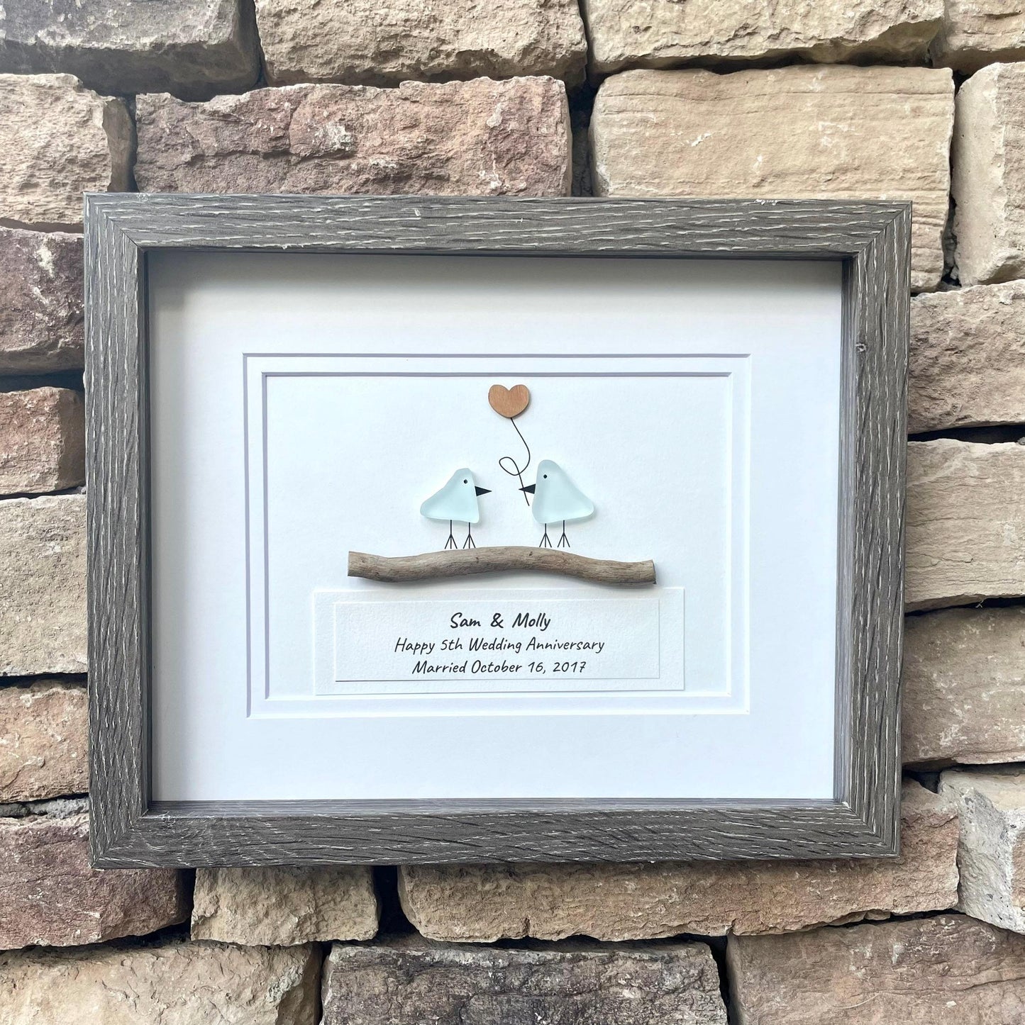 Personalized 5th Anniversary Sea Glass Art, Wood Heart, Driftwood Birds