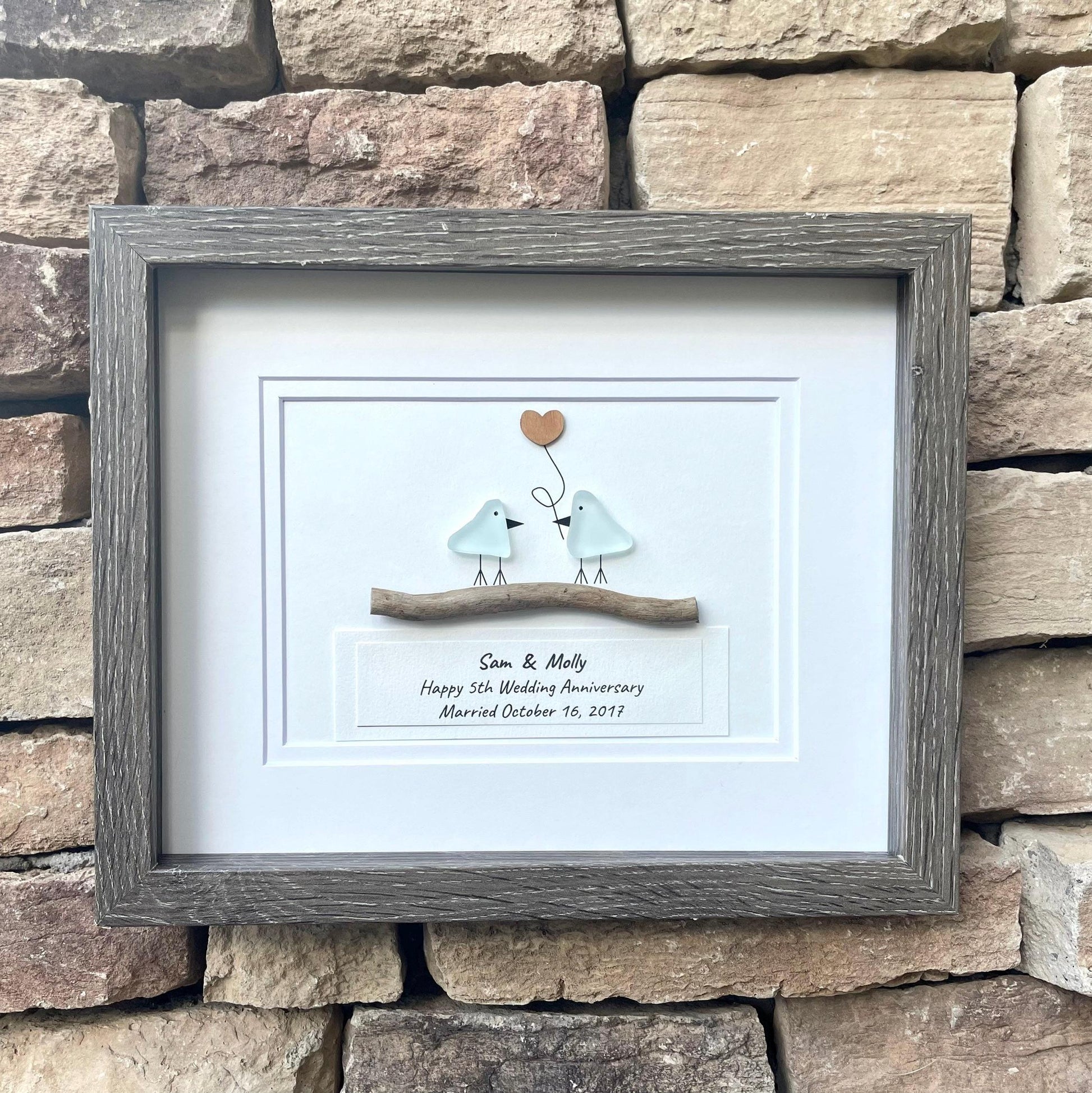 Personalized 5th Anniversary Sea Glass Art, Wood Heart, Driftwood Birds