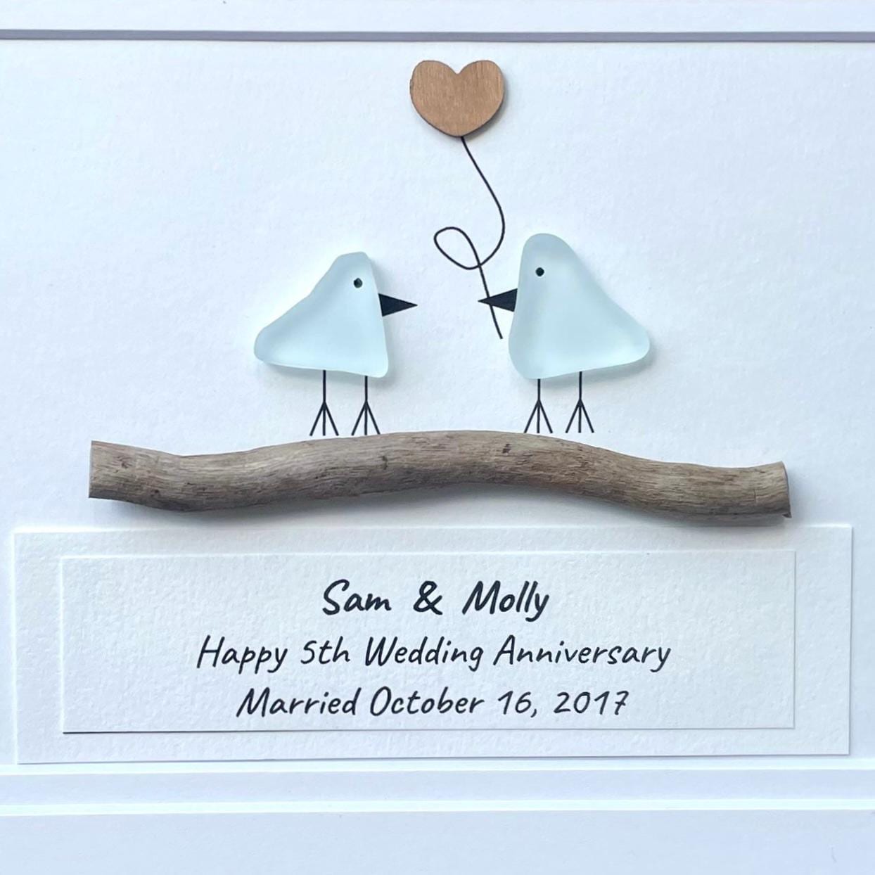 Personalized 5th Anniversary Sea Glass Art, Wood Heart, Driftwood Birds