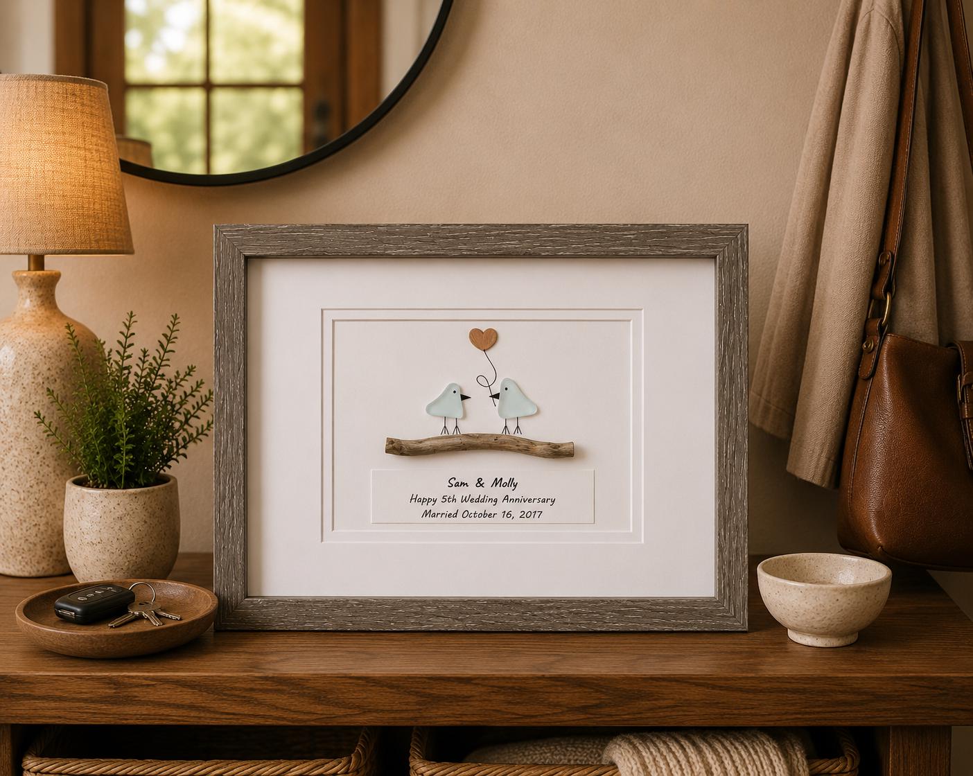 Personalized 5th Anniversary Sea Glass Art, Wood Heart, Driftwood Birds