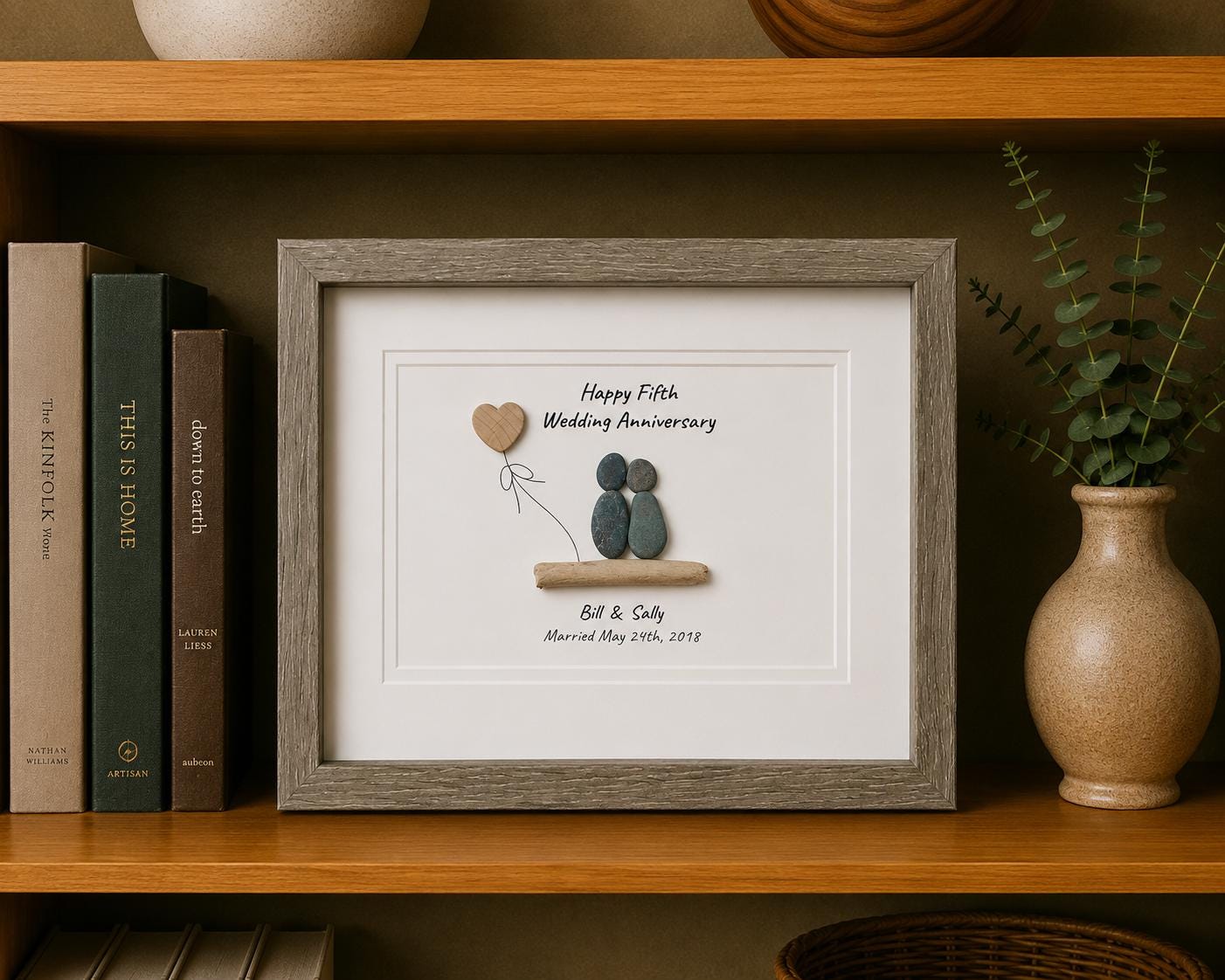 Personalized 5th Anniversary Pebble Art, Framed Wood Anniversary Gift