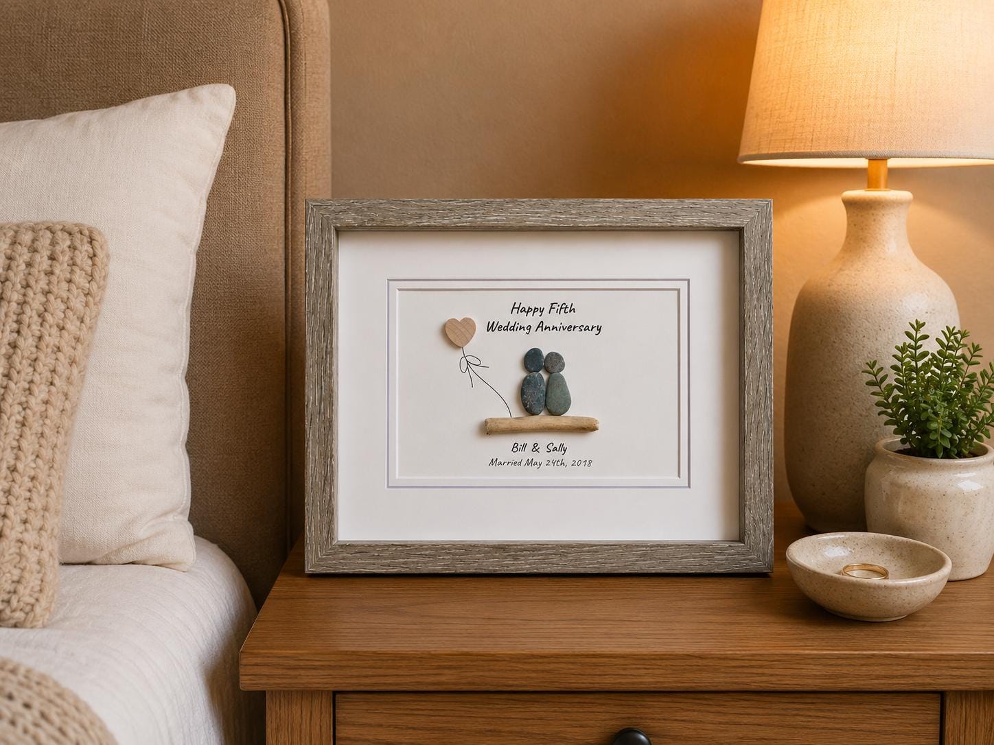 Personalized 5th Anniversary Pebble Art, Framed Wood Anniversary Gift