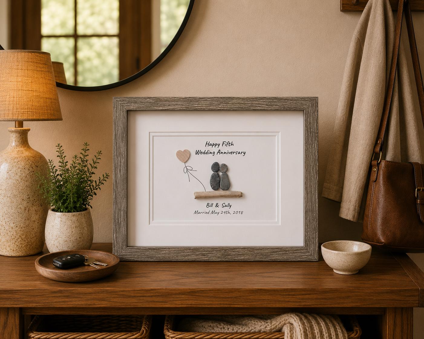 Personalized 5th Anniversary Pebble Art, Framed Wood Anniversary Gift