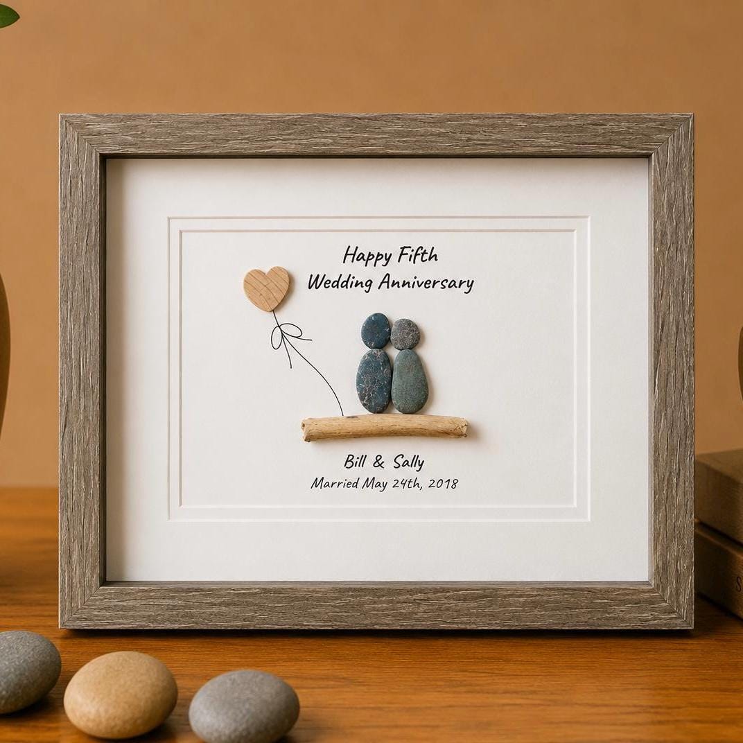 Personalized 5th Anniversary Pebble Art, Framed Wood Anniversary Gift
