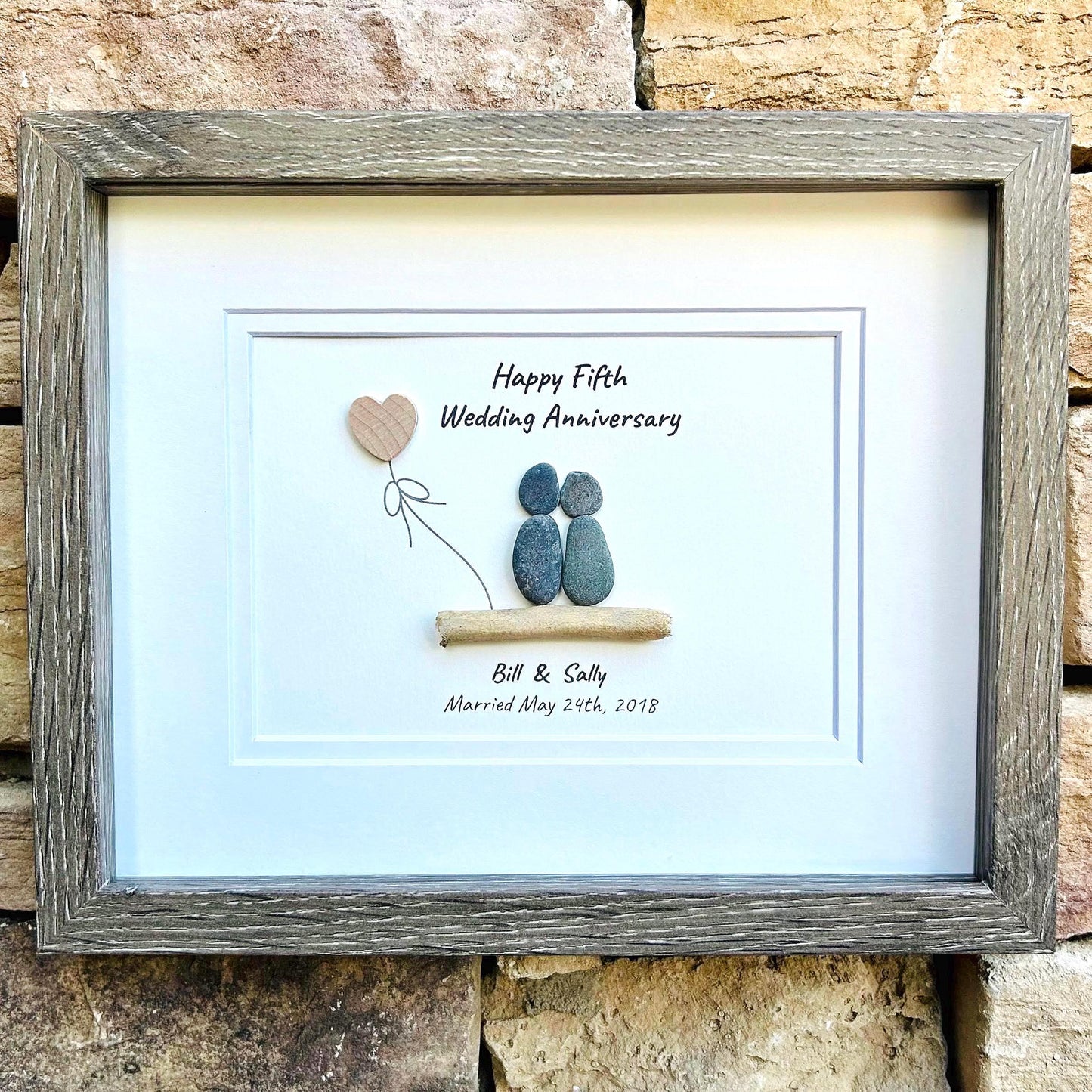 Personalized 5th Anniversary Pebble Art, Framed Wood Anniversary Gift