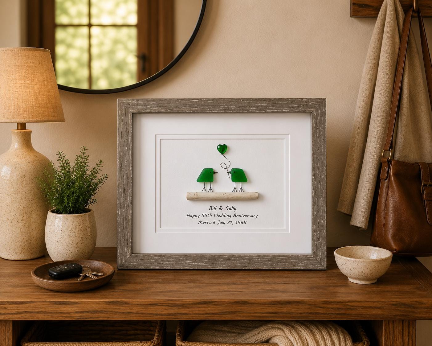 Personalized 55th Anniversary Gift, Sea Glass Birds, Emerald Heart, Framed