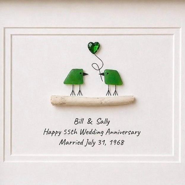 Personalized 55th Anniversary Gift, Sea Glass Birds, Emerald Heart, Framed