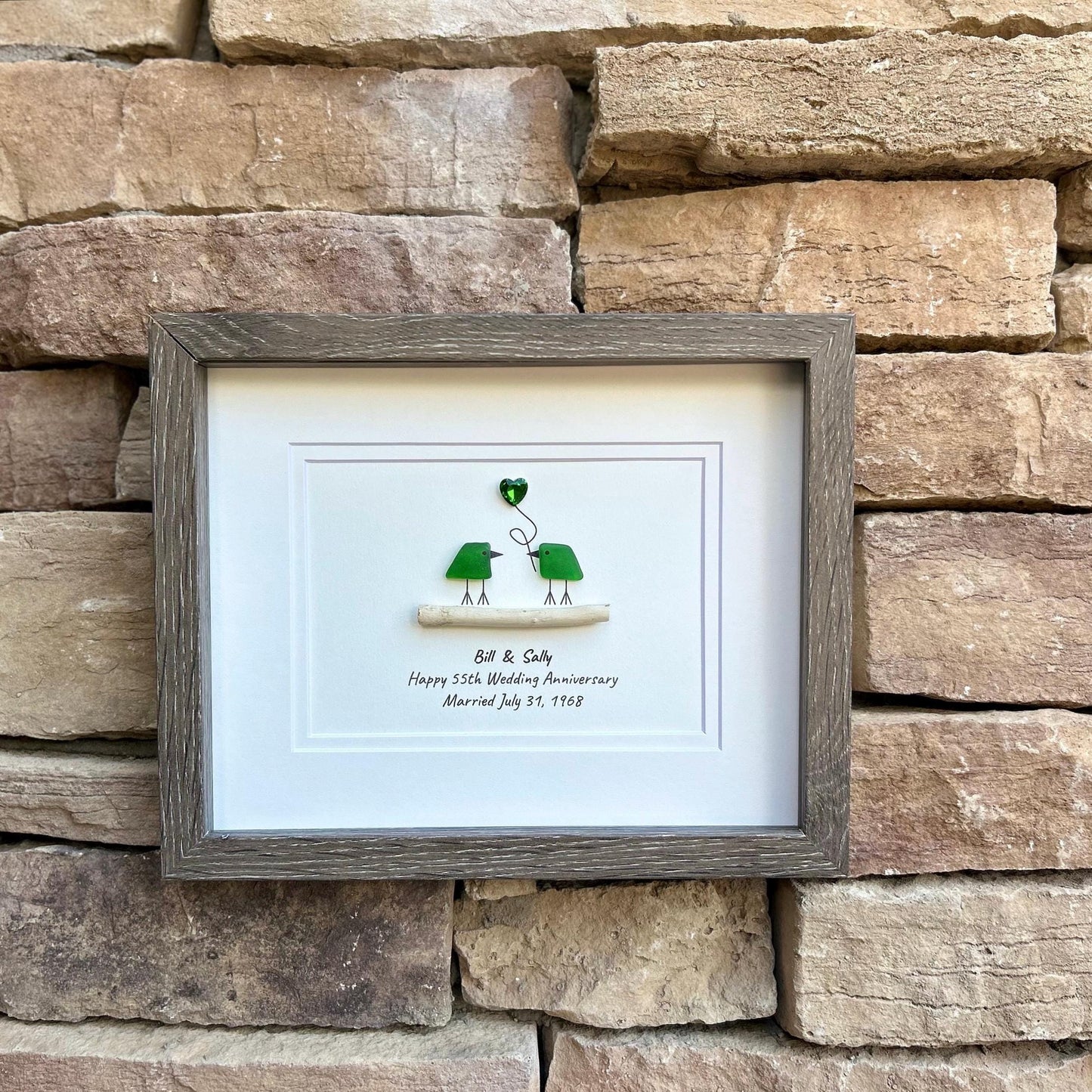 Personalized 55th Anniversary Gift, Sea Glass Birds, Emerald Heart, Framed