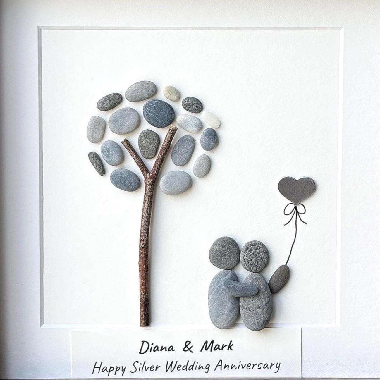 25th Anniversary Gift for Couple, Personalized Pebble Art, Silver Wedding Anniversary Keepsake