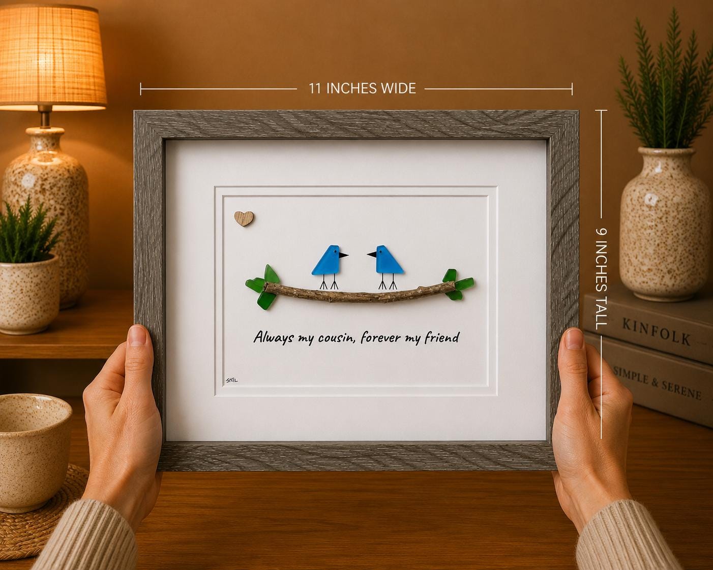 Unique Gift for Cousin, Framed 8x10 Sea Glass Art Captioned “Always my cousin, forever my friend”