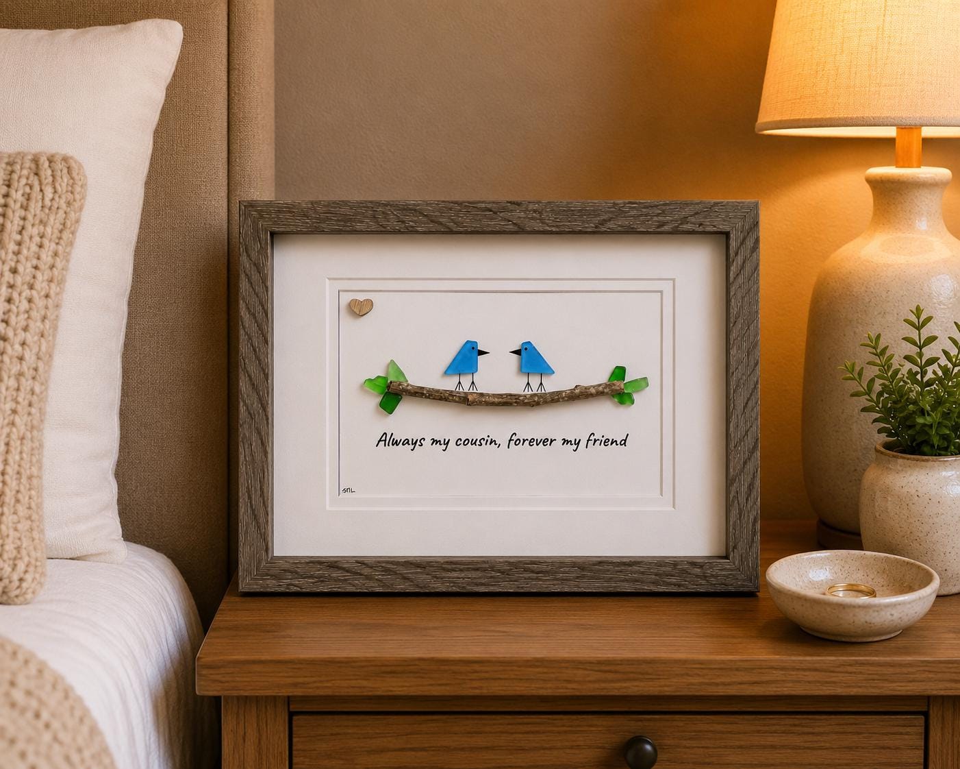 Unique Gift for Cousin, Framed 8x10 Sea Glass Art Captioned “Always my cousin, forever my friend”