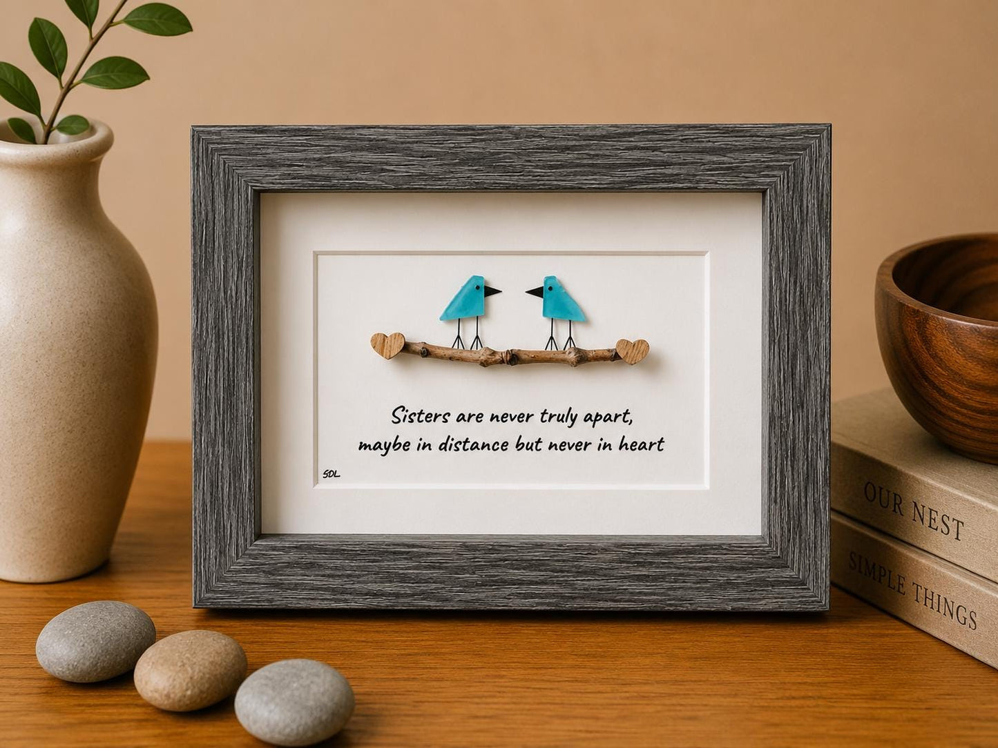 Sea Glass Bird Art, Sisters Gift, Framed Coastal Decor
