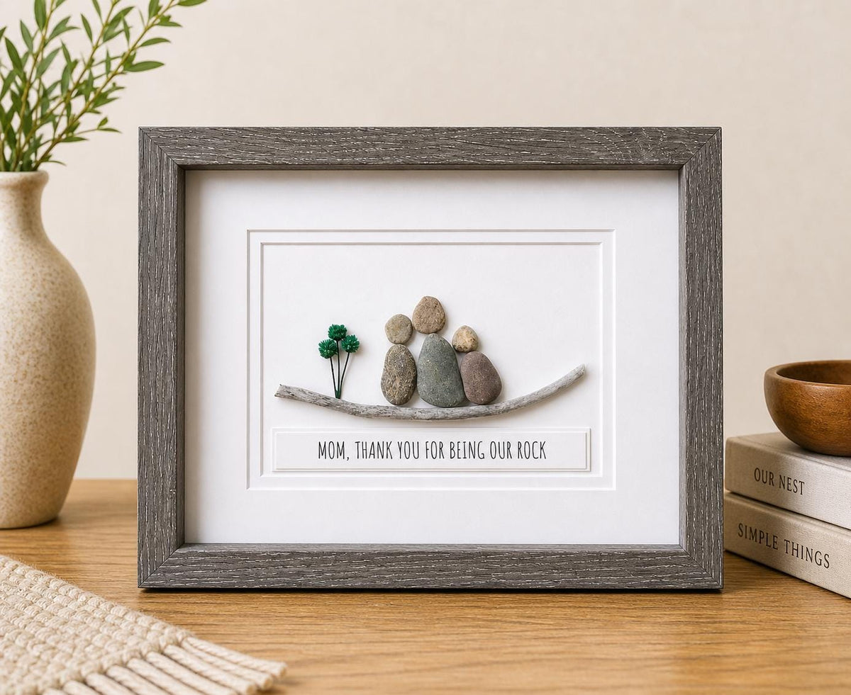 Mom, Thanks for Being Our Rock | Gift for Mom | Gift from Kids | 2 Kids | Mother's Day | Best Mom | 5x7 or 8x10 Pebble Art