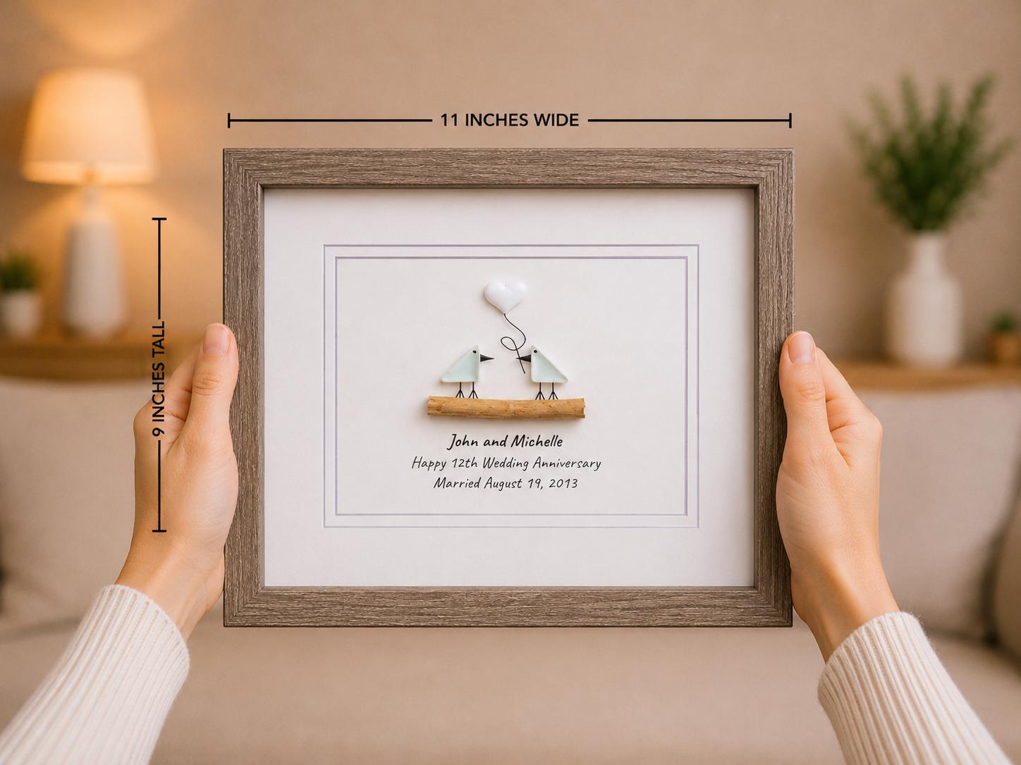 12th Wedding Anniversary Personalized Gift, 8x10” Framed Sea Glass Art, Silk / Linen Anniversary Gift for Parents, Wife, Husband