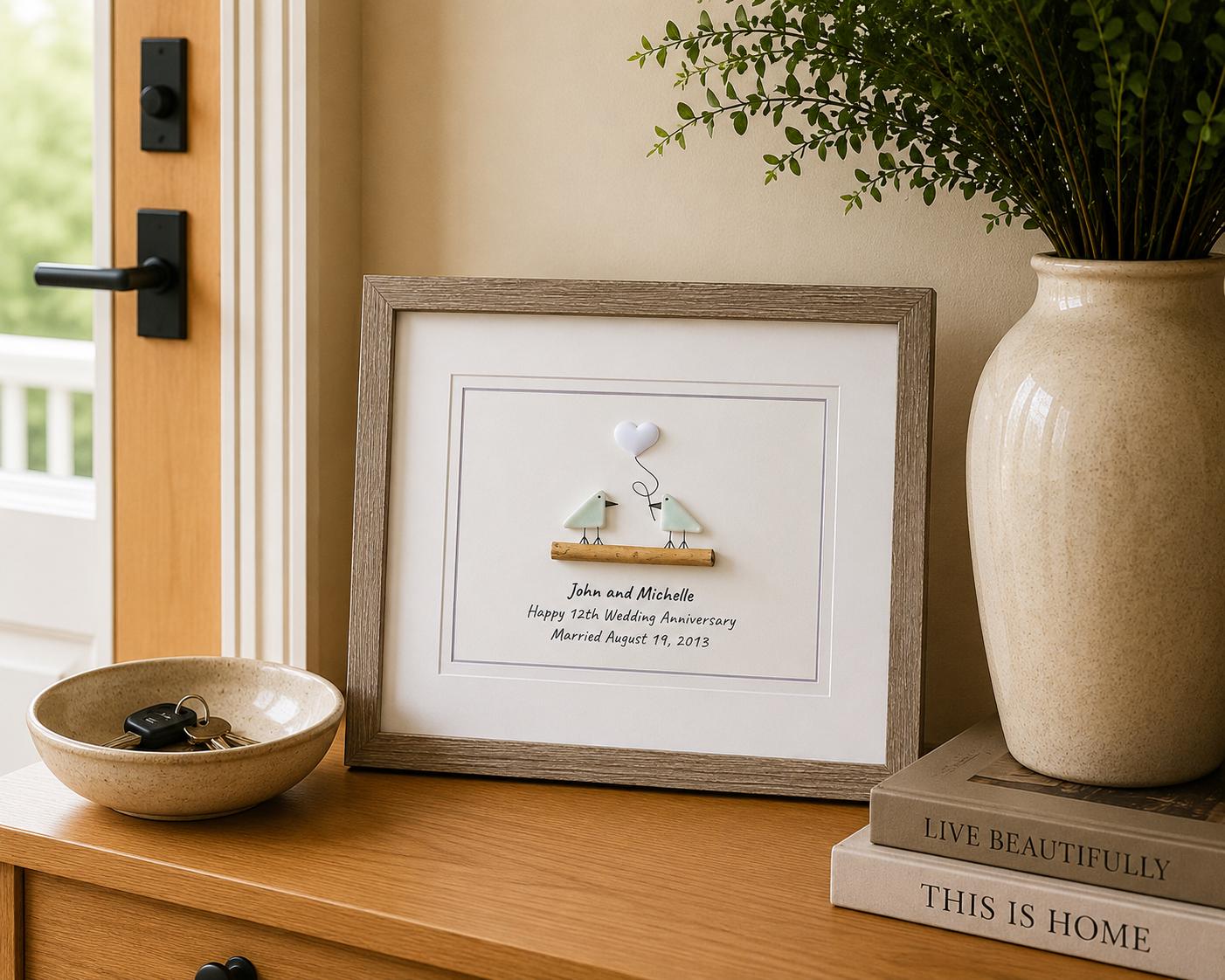 12th Wedding Anniversary Personalized Gift, 8x10” Framed Sea Glass Art, Silk / Linen Anniversary Gift for Parents, Wife, Husband