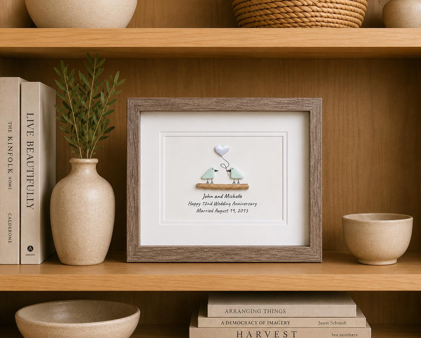 12th Wedding Anniversary Personalized Gift, 8x10” Framed Sea Glass Art, Silk / Linen Anniversary Gift for Parents, Wife, Husband