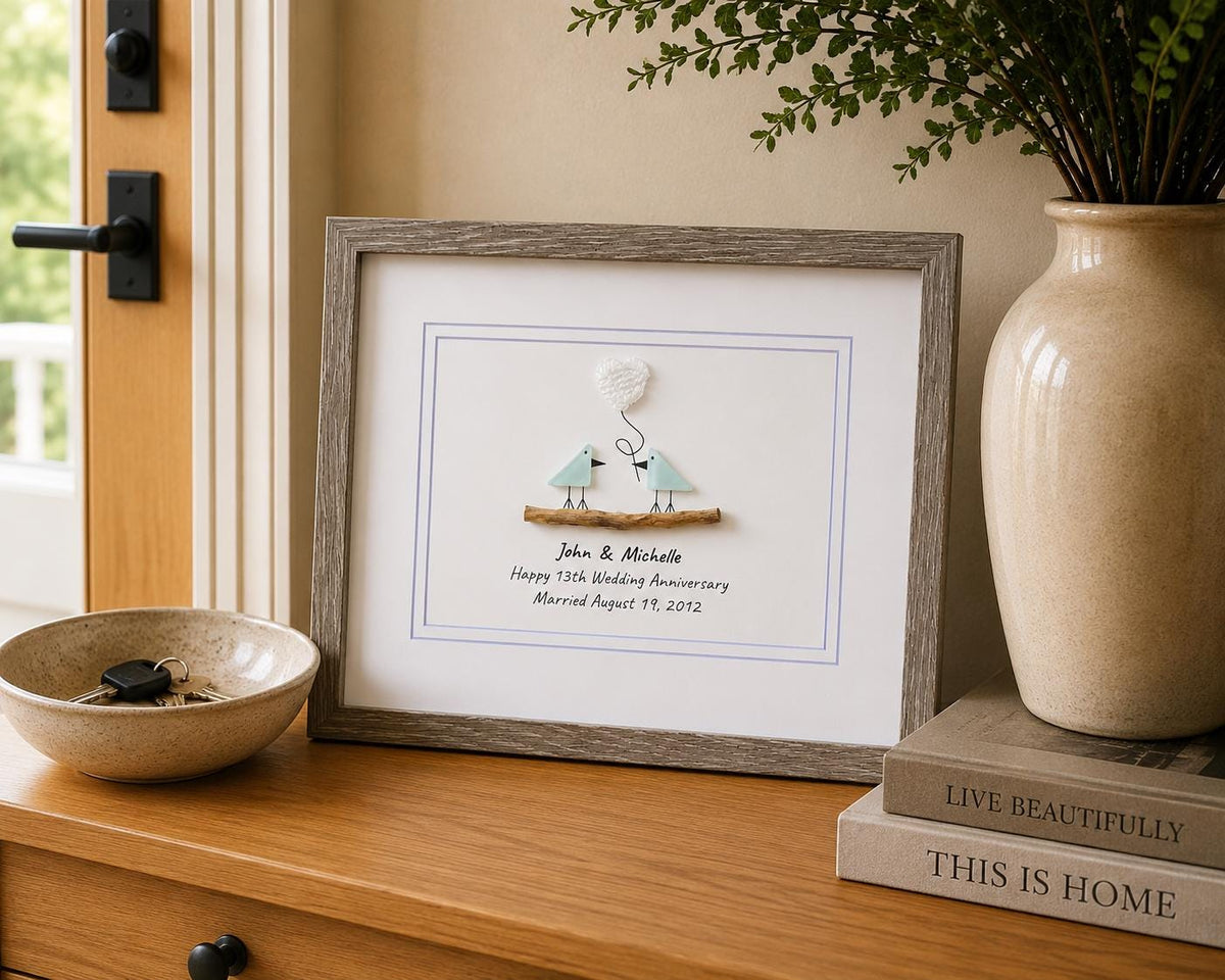 13th Wedding Anniversary 8x10" Framed Sea Glass Art, Personalized Lace or Textile Anniversary Gift for Parents, Wife, Husband, Friends