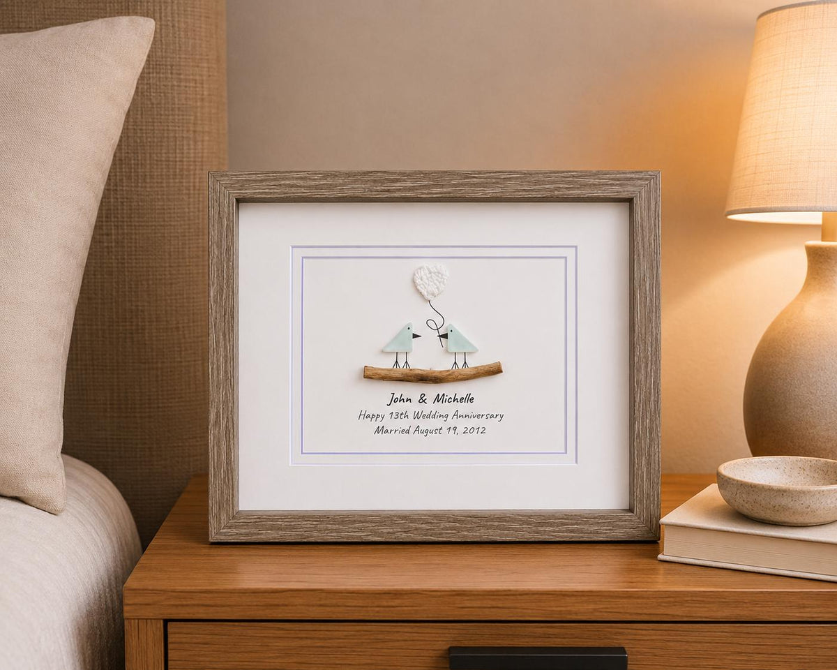 13th Wedding Anniversary 8x10" Framed Sea Glass Art, Personalized Lace or Textile Anniversary Gift for Parents, Wife, Husband, Friends