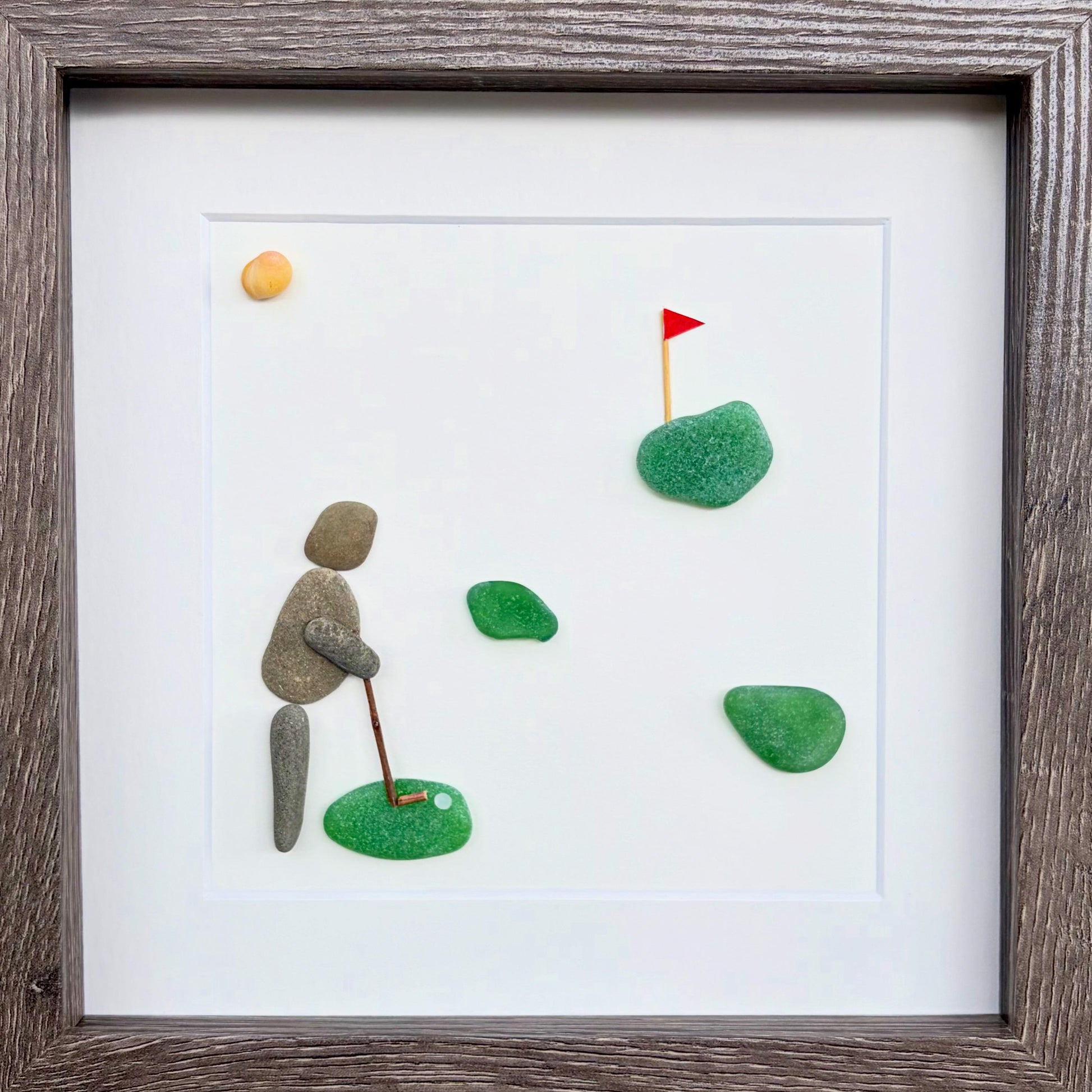 Golf Pebble and Sea Glass Art, 8x8” Framed Gift for Golfer