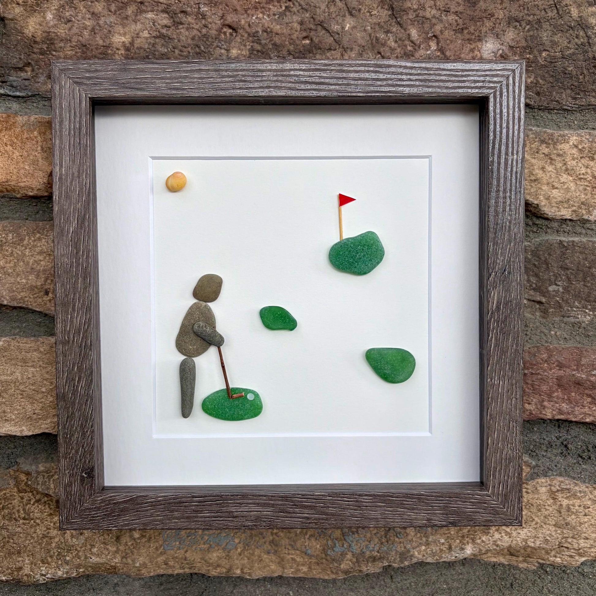 Golf Pebble and Sea Glass Art, 8x8” Framed Gift for Golfer