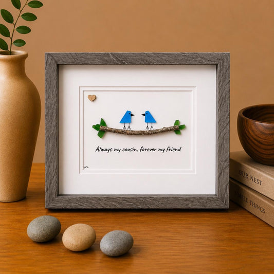 Unique Gift for Cousin, Framed 8x10 Sea Glass Art Captioned “Always my cousin, forever my friend”