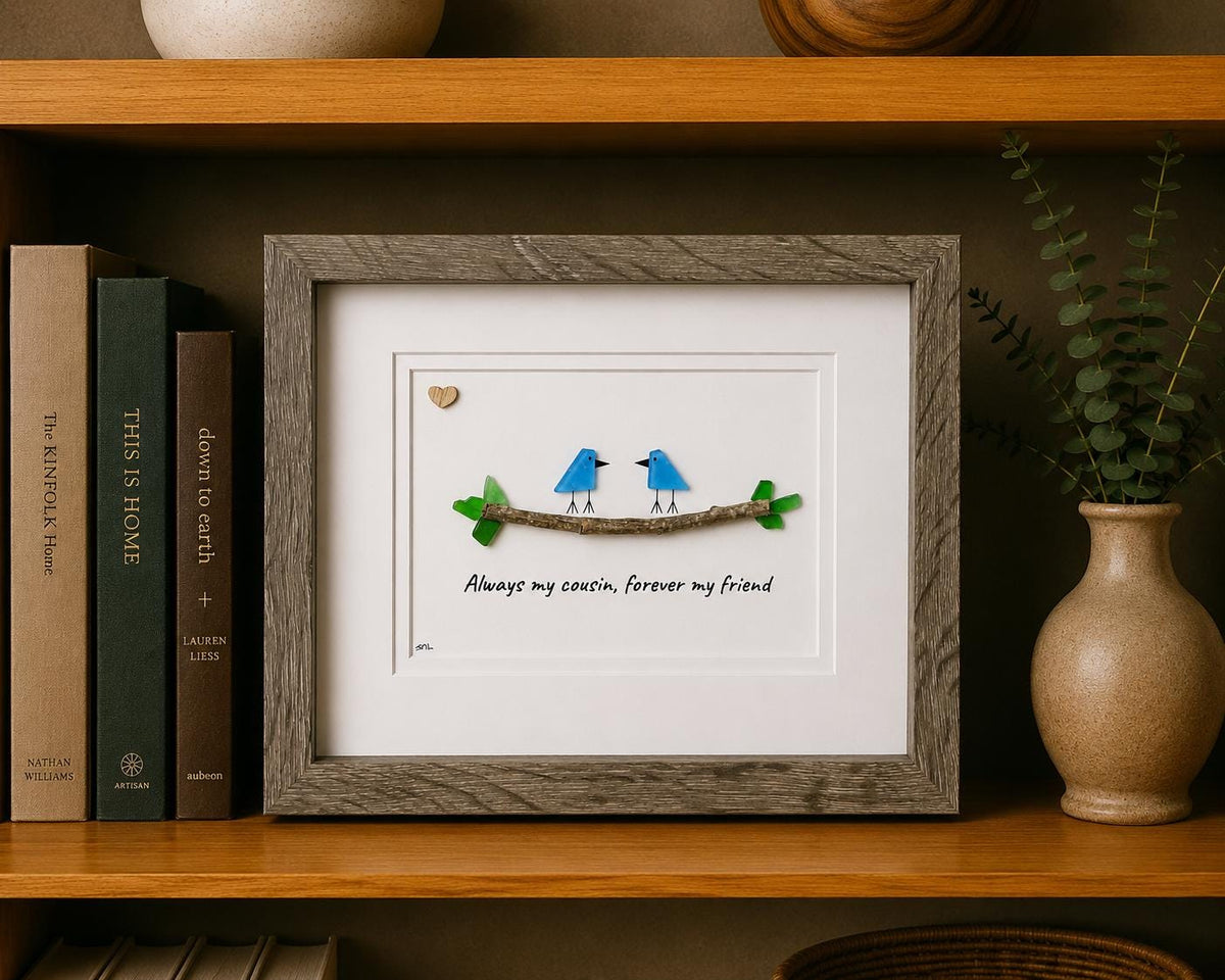 Unique Gift for Cousin, Framed 8x10 Sea Glass Art Captioned “Always my cousin, forever my friend”