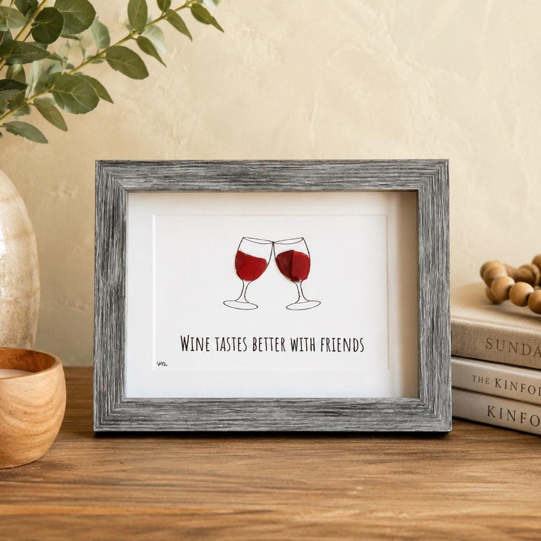 Wine Tastes Better With Friends Sea Glass Art, 5x7 Framed Handmade Picture, Bar Decoration, Cocktail Art, Housewarming Gift, Wine Lover