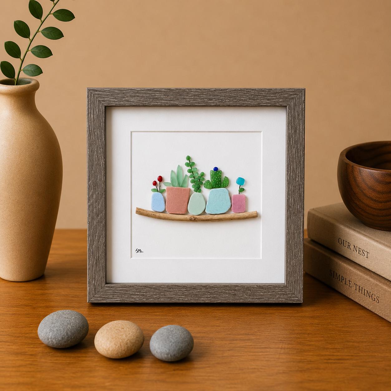 Sea Glass Plant Mosaic, Framed Beach Pottery Art, Handmade Wall Decor