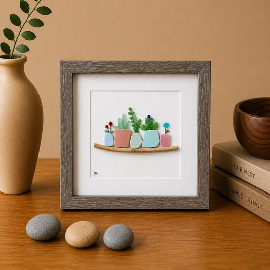 Flowers in Pots | Beach Mosaic from Pottery and Glass | Original Handmade Wall Art | Beach Gift Plant Lover | 8x8 Sea Glass and Pottery Art