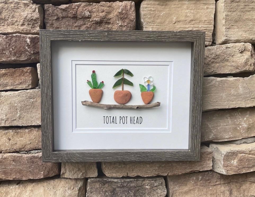 Total Pot Head Sea Glass Art, 8 x 10” Framed Gift for Gardener, Plant Lover