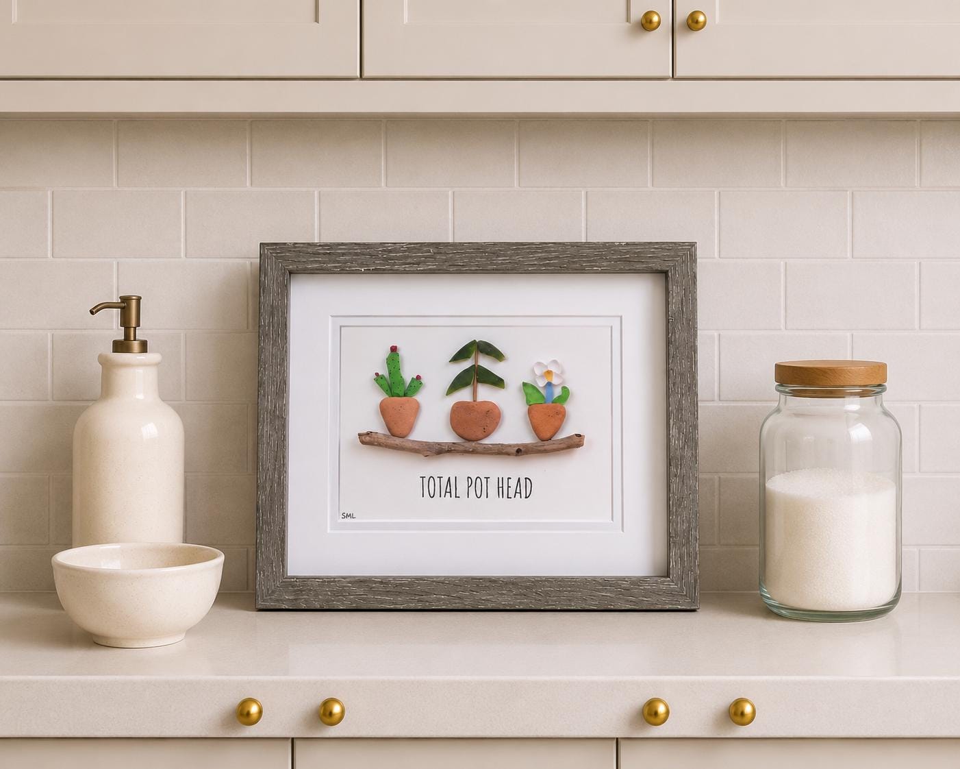 Total Pot Head Sea Glass Art, 8 x 10” Framed Gift for Gardener, Plant Lover