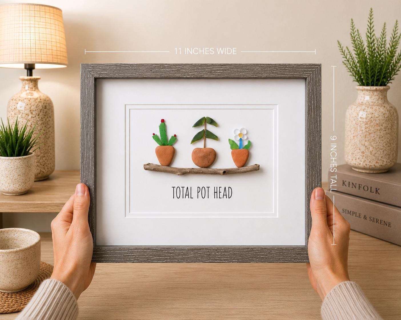 Total Pot Head Sea Glass Art, 8 x 10” Framed Gift for Gardener, Plant Lover