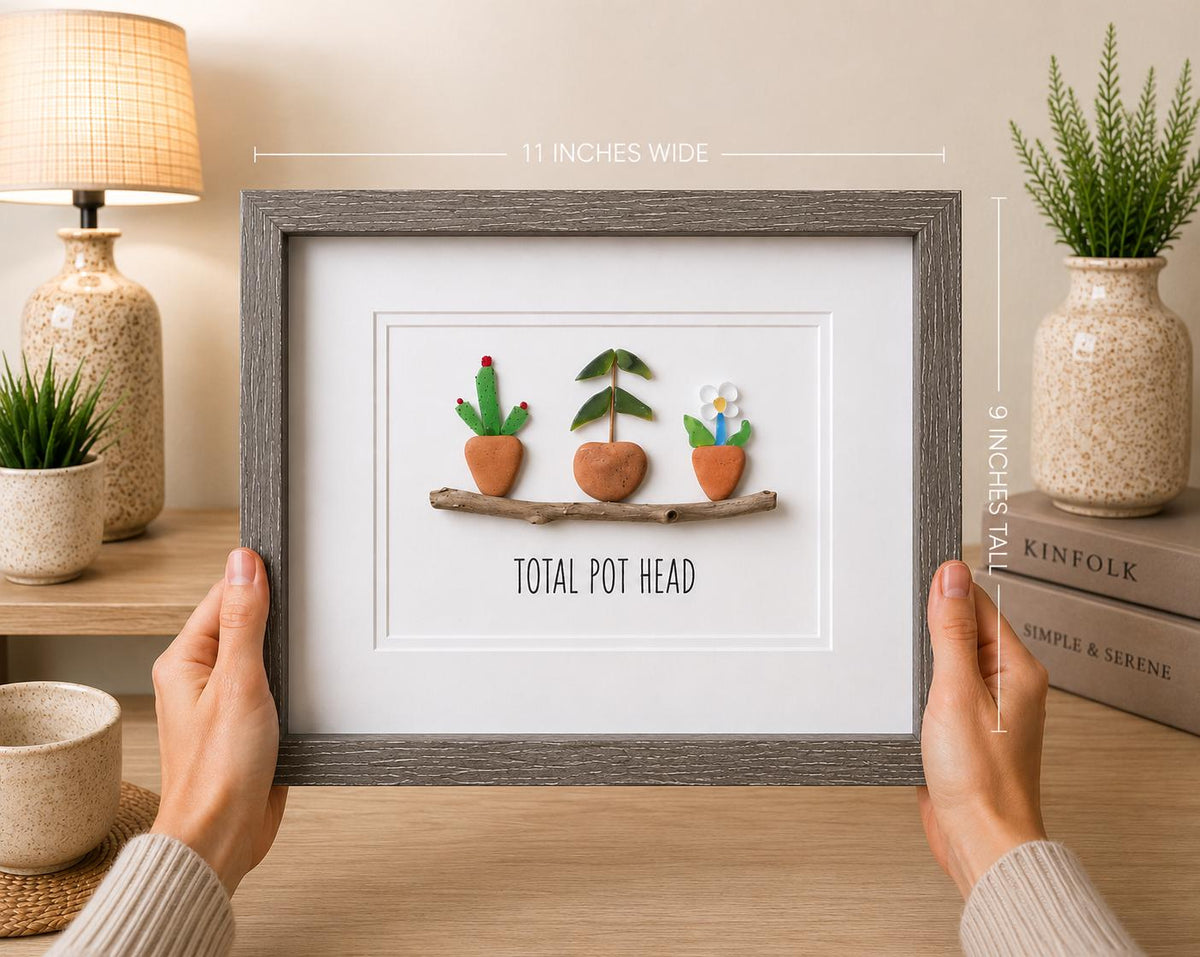 Total Pothead | Gift for Gardener | Plant Lover | Plants and Pots | Glass Plants | Unique Gift for Friend | 5x7 Sea Glass and Pottery Art