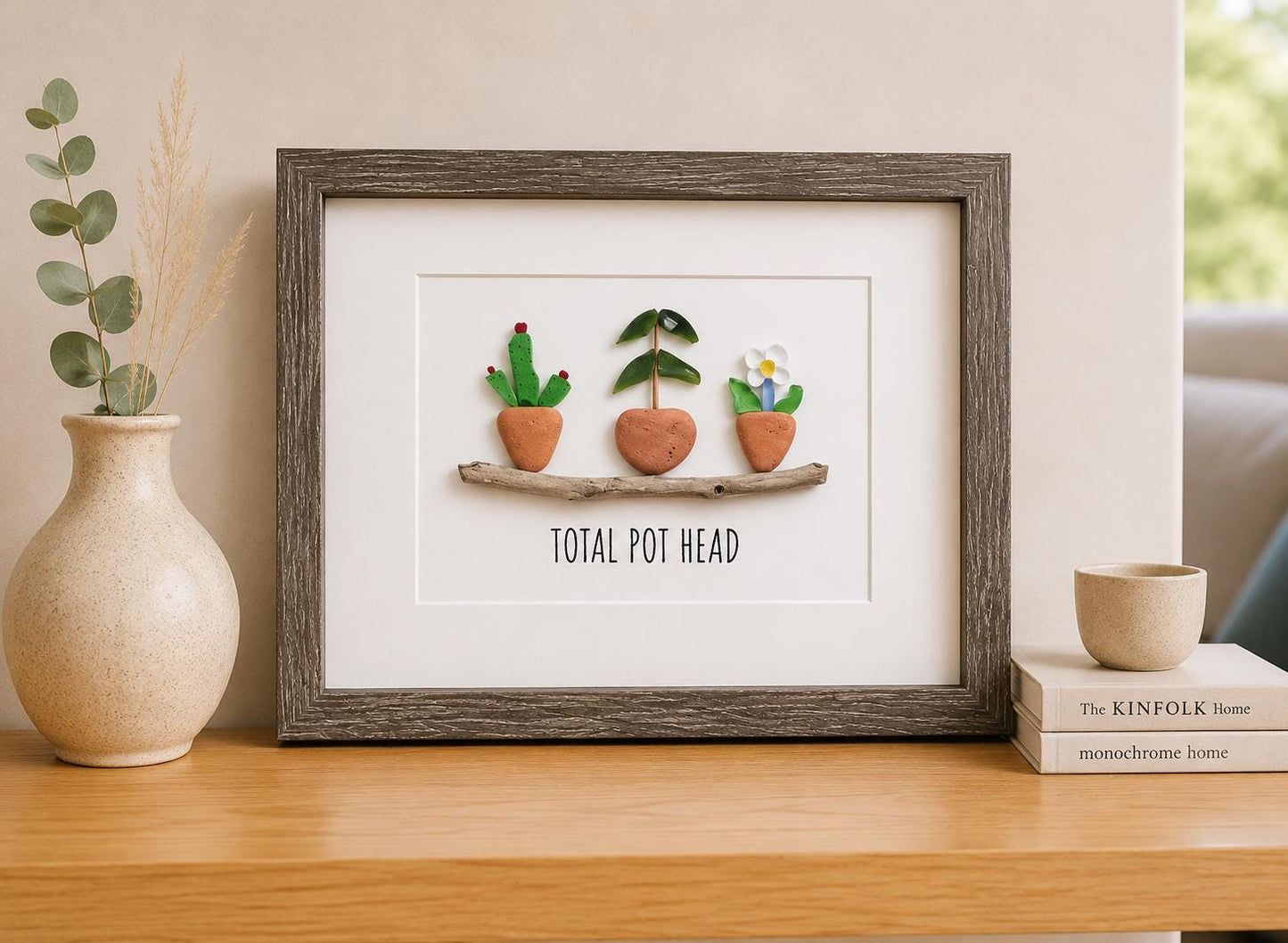 Total Pot Head Sea Glass Art, 8 x 10” Framed Gift for Gardener, Plant Lover